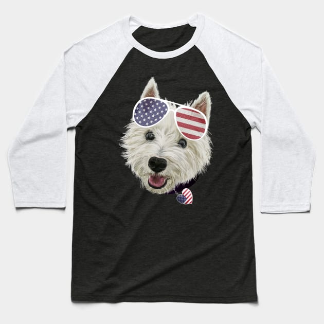 Westie Dog Fourth Of July USA Flag Glasses And Heart Baseball T-Shirt by brodyquixote